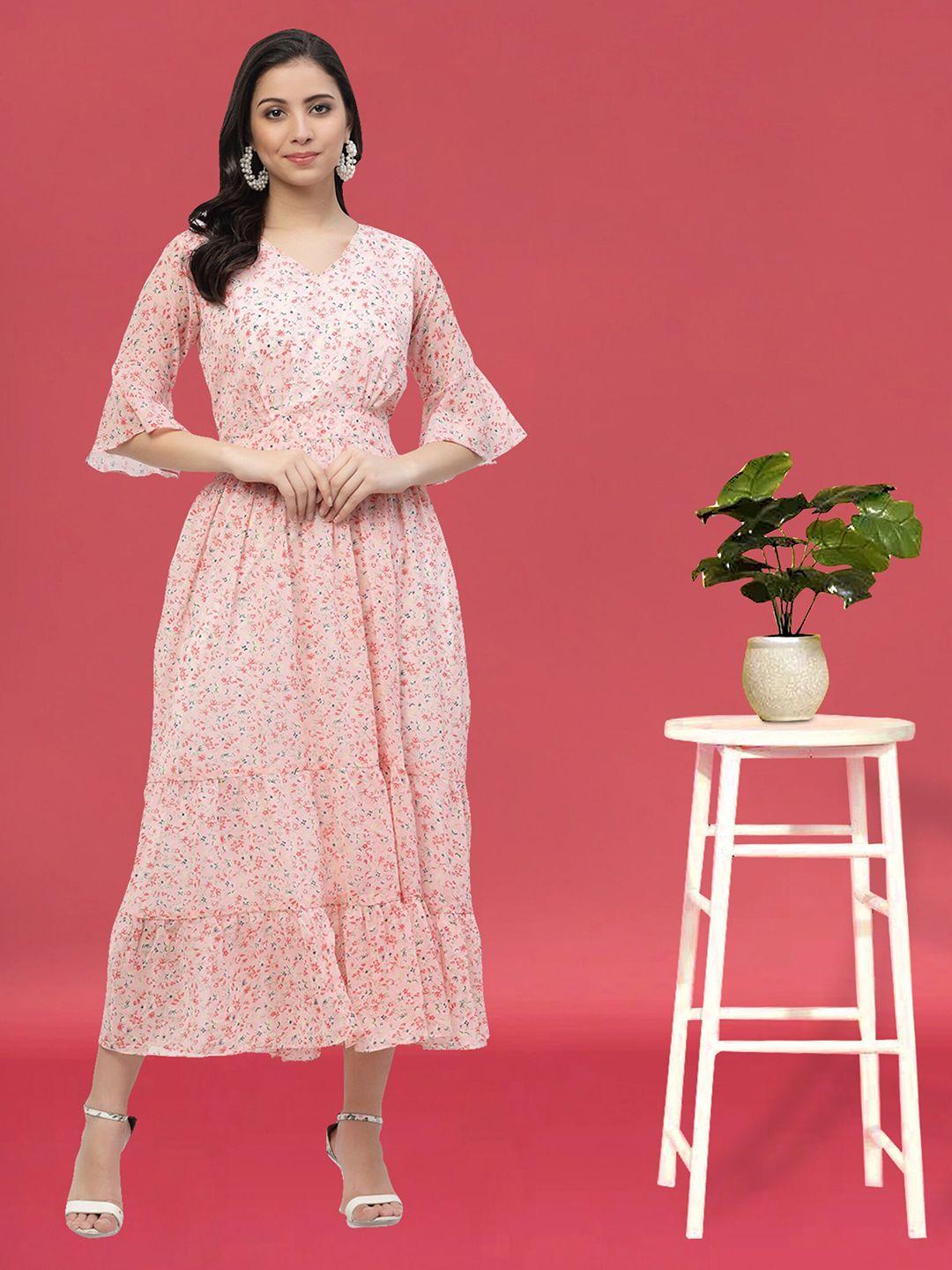 miss ayse pink floral print flared sleeve georgette a-line maxi dress