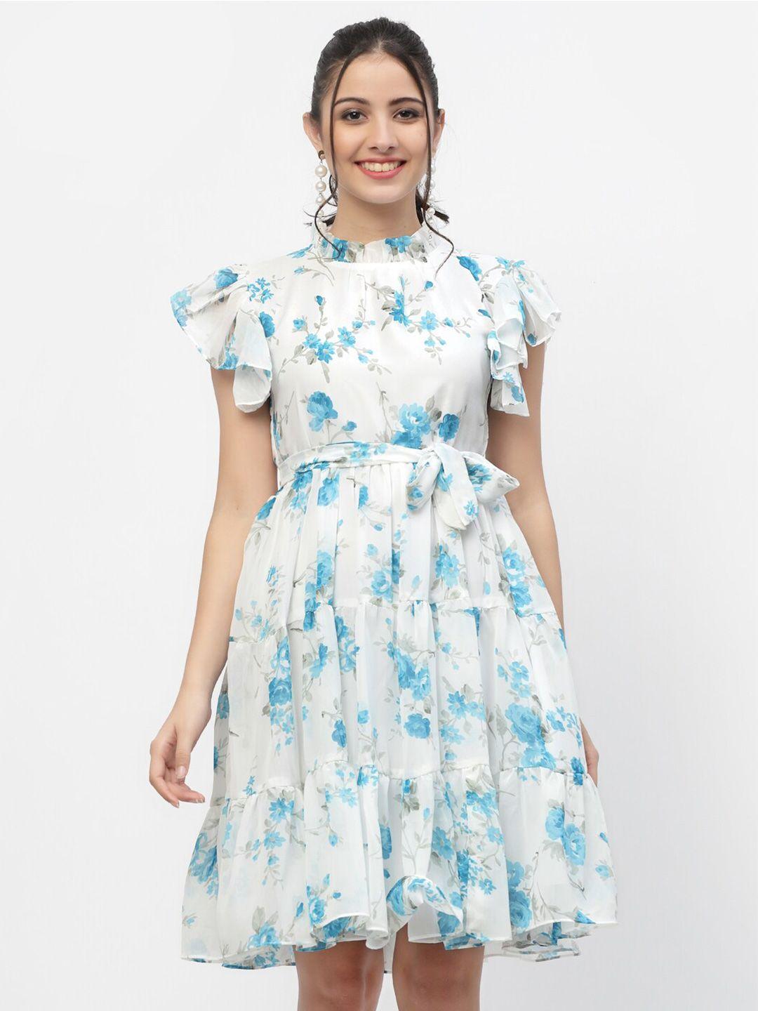 miss ayse women white & blue floral georgette dress