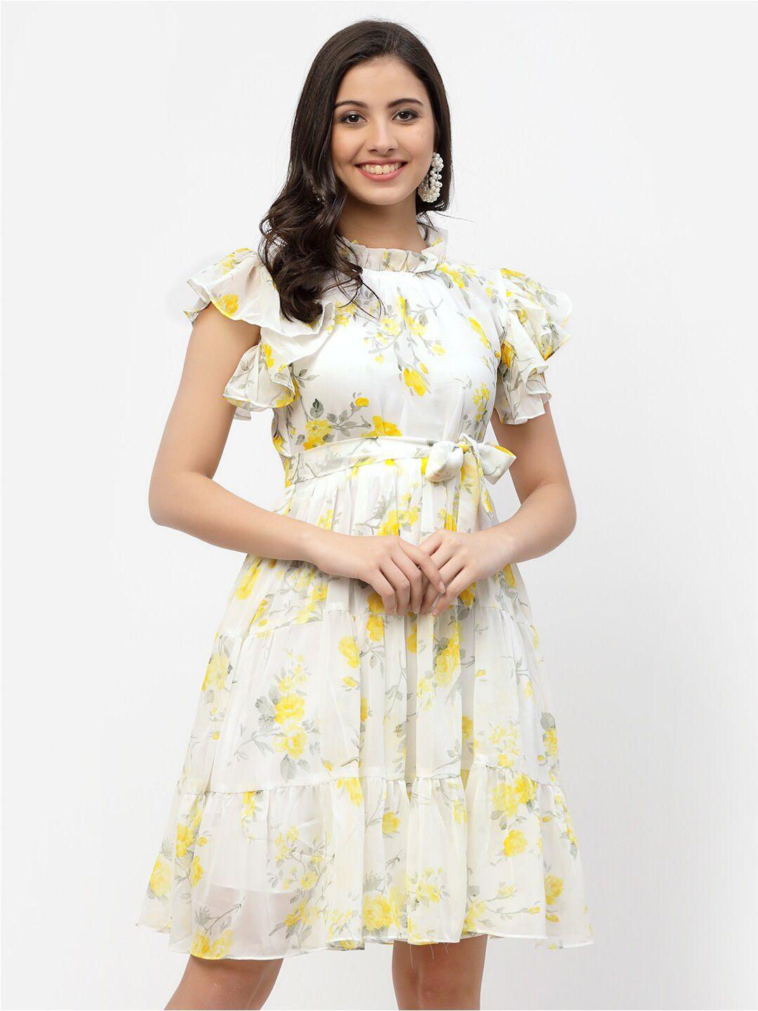 miss ayse women yellow & white floral georgette dress