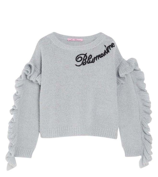 miss blumarine kids grey ruffle logo regular fit crop sweater