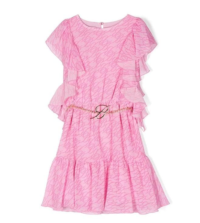 miss blumarine kids pink logo flared fit dress