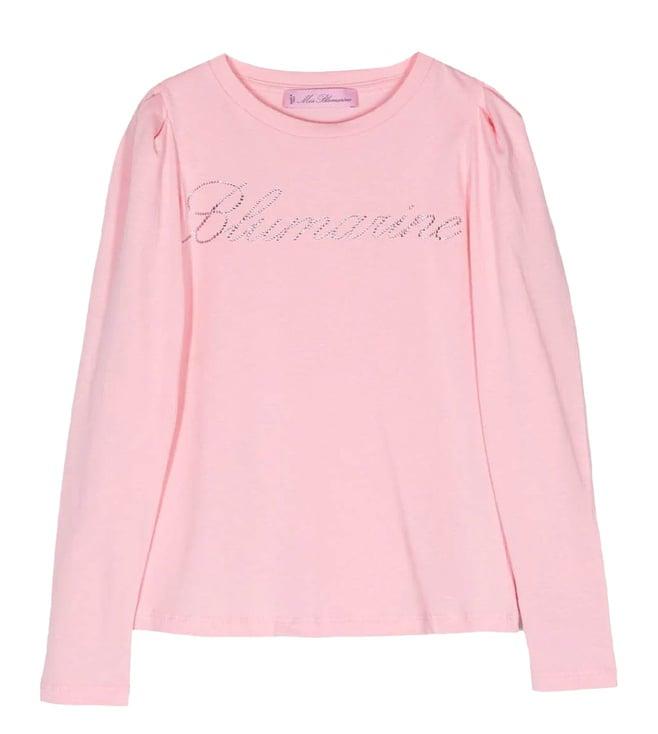 miss blumarine kids pink rhinestone logo straight fit top