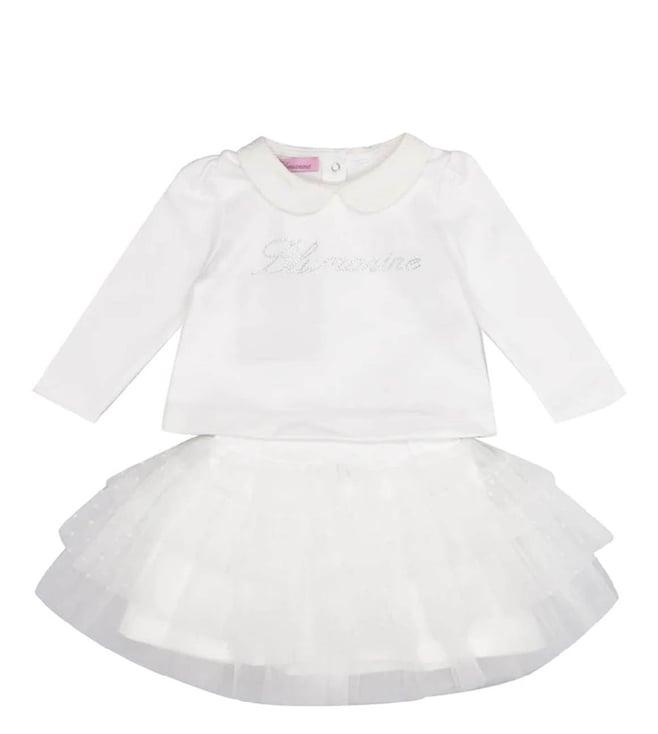 miss blumarine kids white rhinestone embellished logo comfort fit top & tulle skirt set