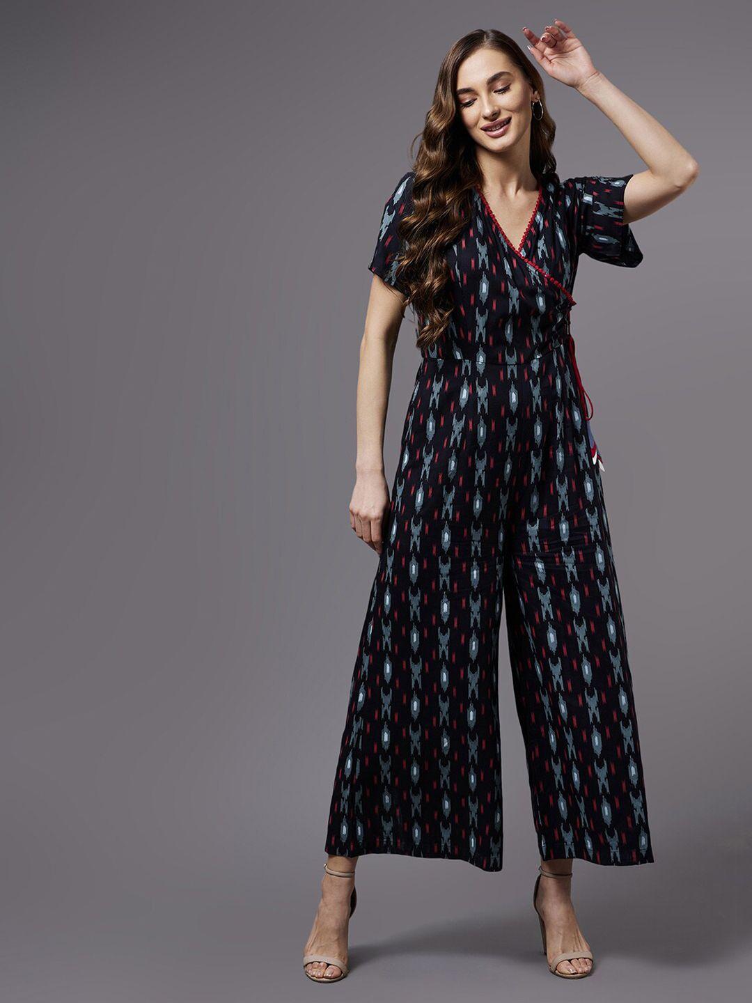 miss chase black & blue printed wrap style jumpsuit