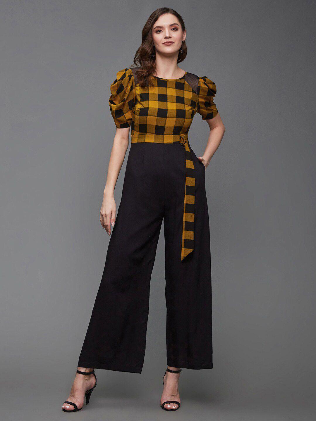 miss chase black & mustard puff sleeves checked basic jumpsuit