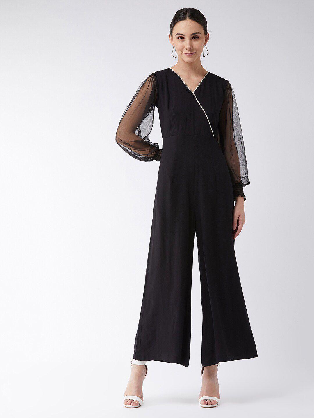 miss chase black & silver-toned sheer smocked sleeve jumpsuit