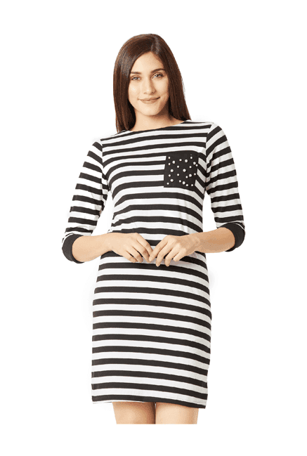 miss chase black & white striped above knee shift dress
