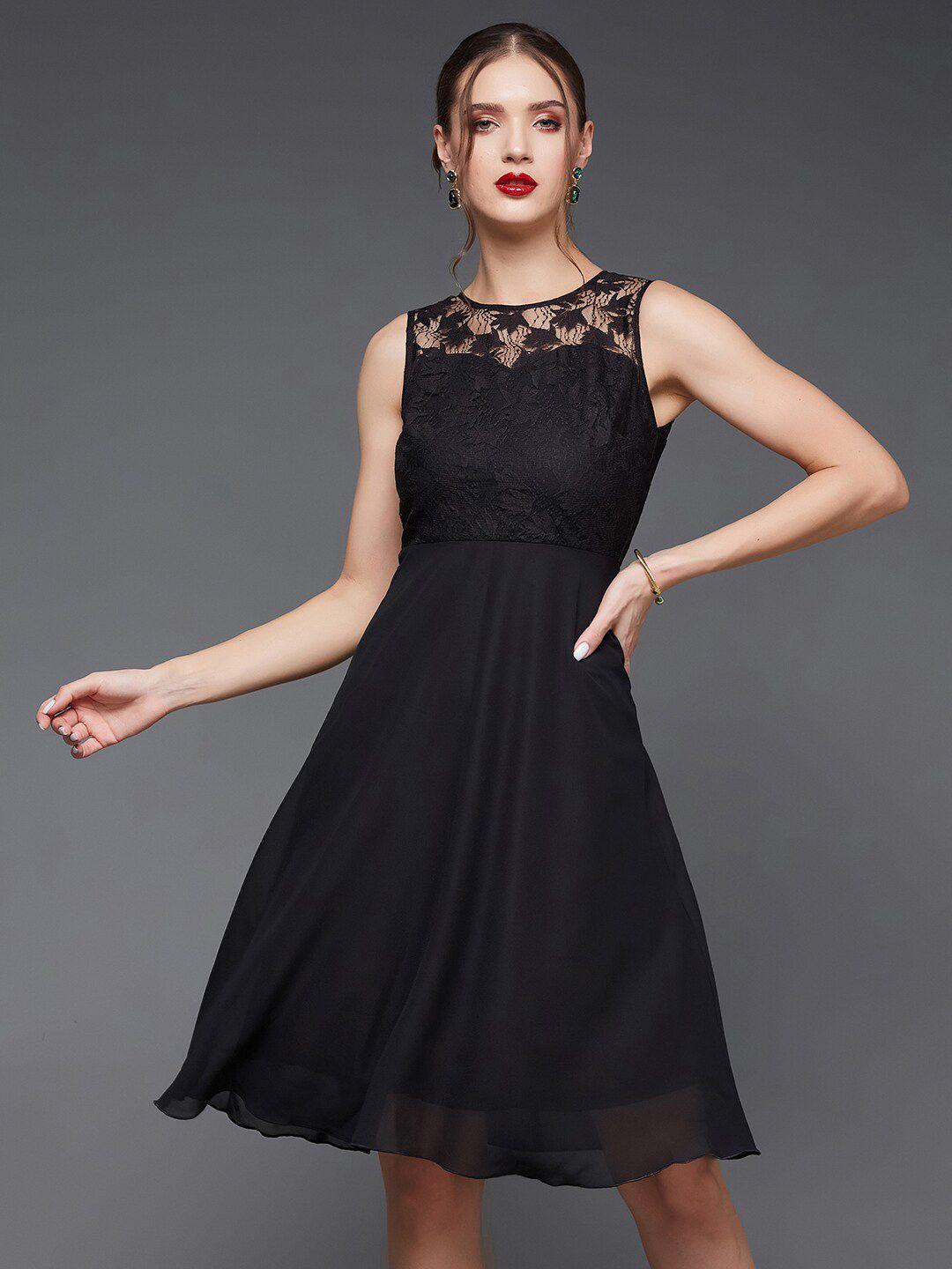 miss chase black lace inserts georgette fit & flare dress