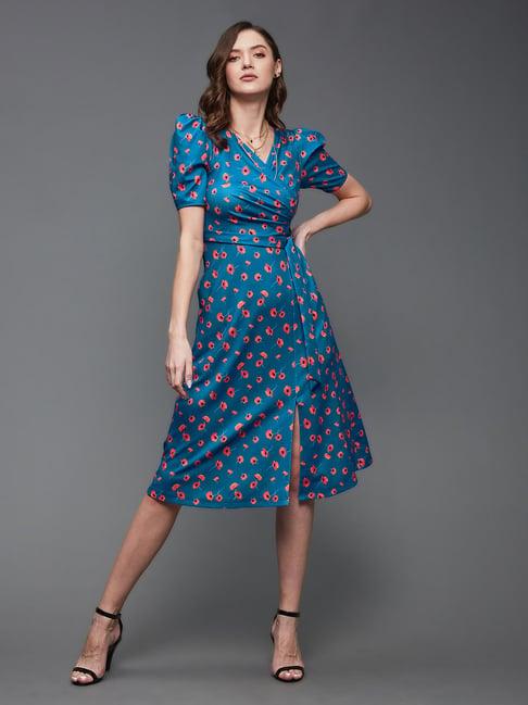 miss chase blue & orange floral print wrap dress