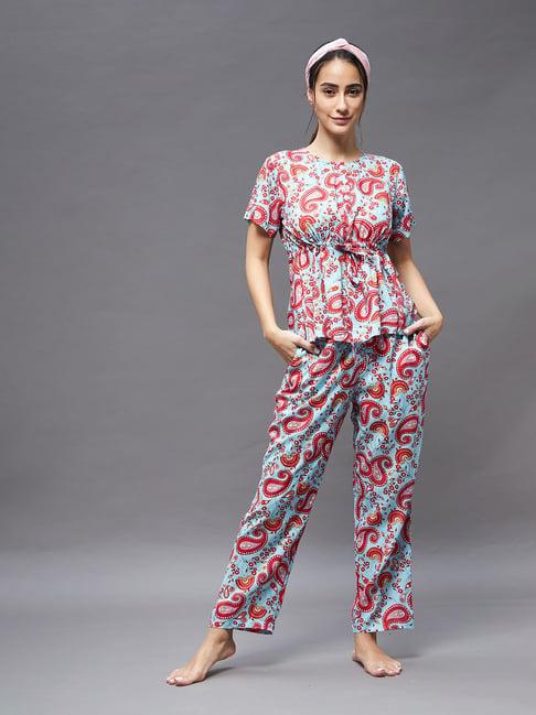miss chase blue & red rayon printed top with pyjamas