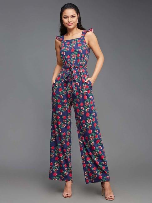 miss chase blue cotton printed jumpsuit