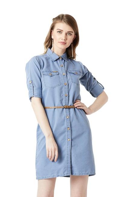 miss chase blue cotton shirt dress