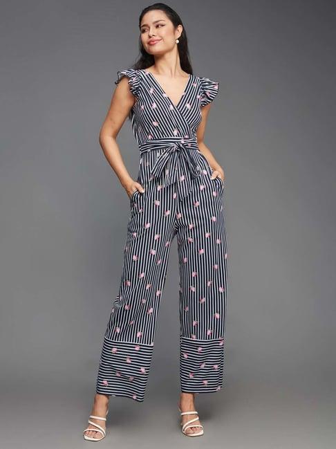 miss chase blue cotton striped jumpsuit