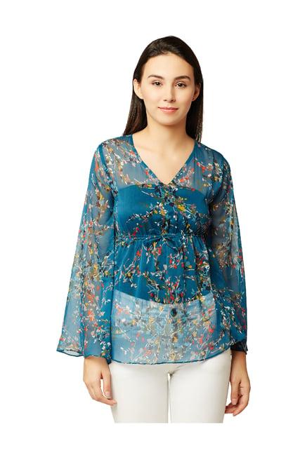 miss chase blue floral print chiffon top