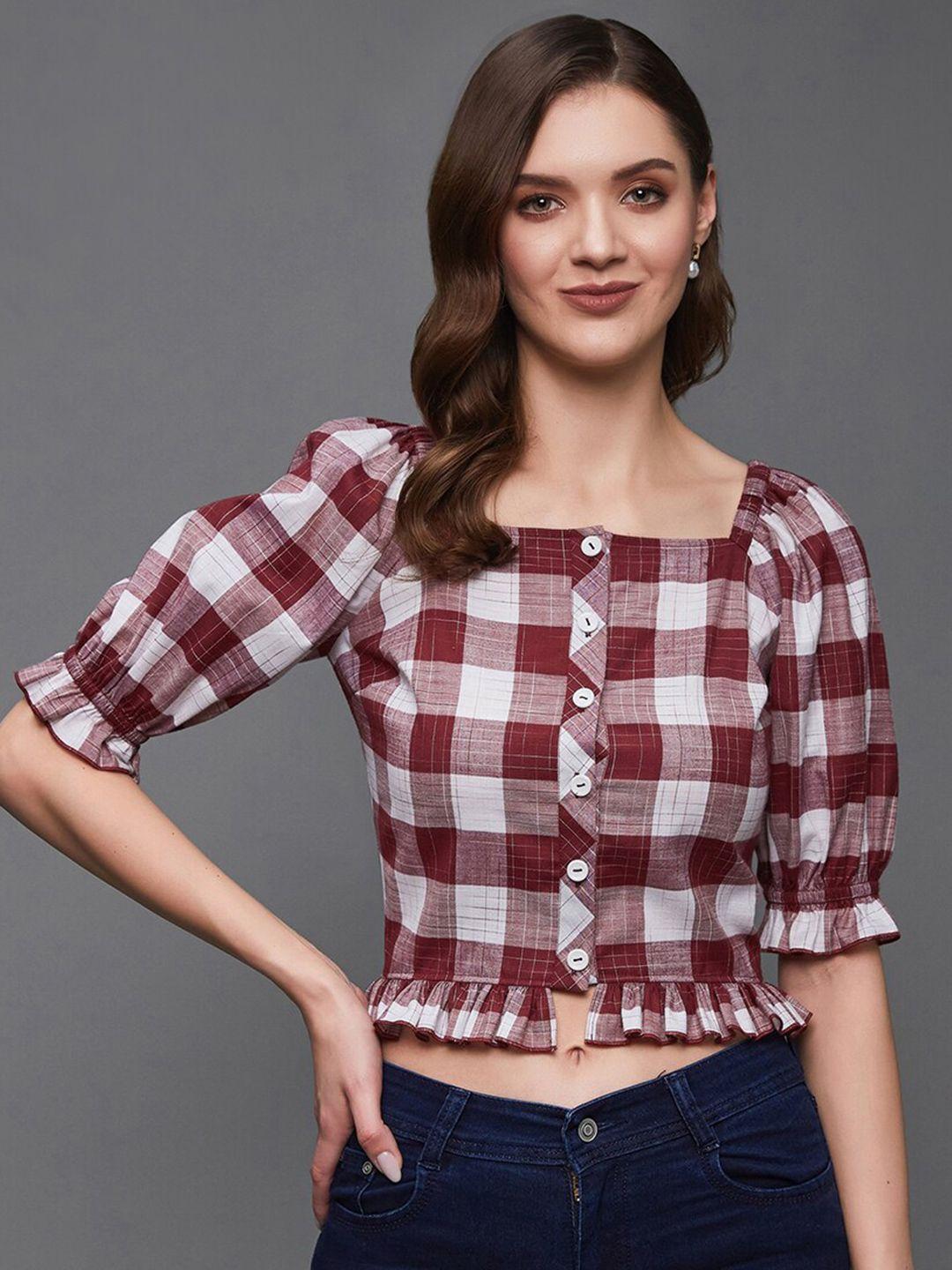 miss chase checked puff sleeve blouson crop top