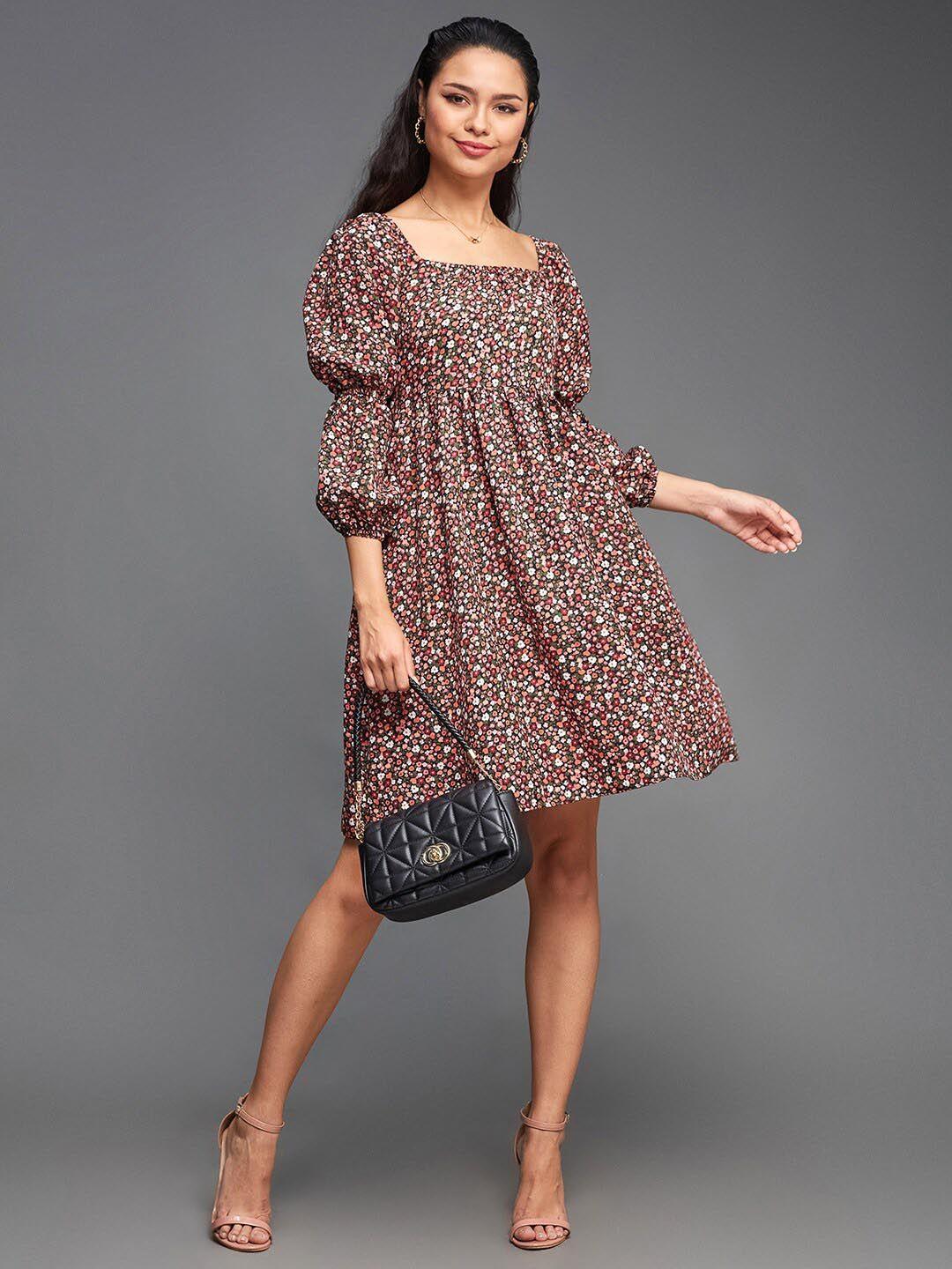 miss chase floral printed puff sleeves gathered a-line dress