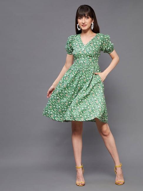 miss chase green floral print fit & flare dress