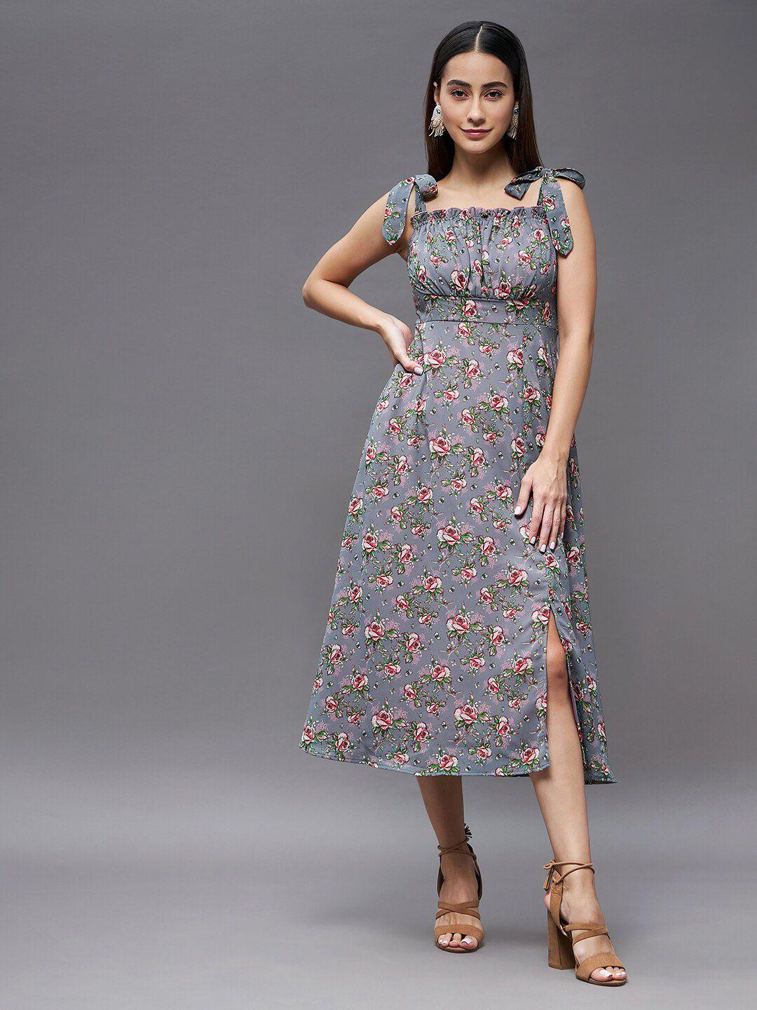 miss chase grey & pink floral georgette empire midi dress