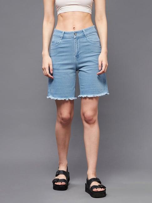 miss chase light blue regular fit high rise denim shorts