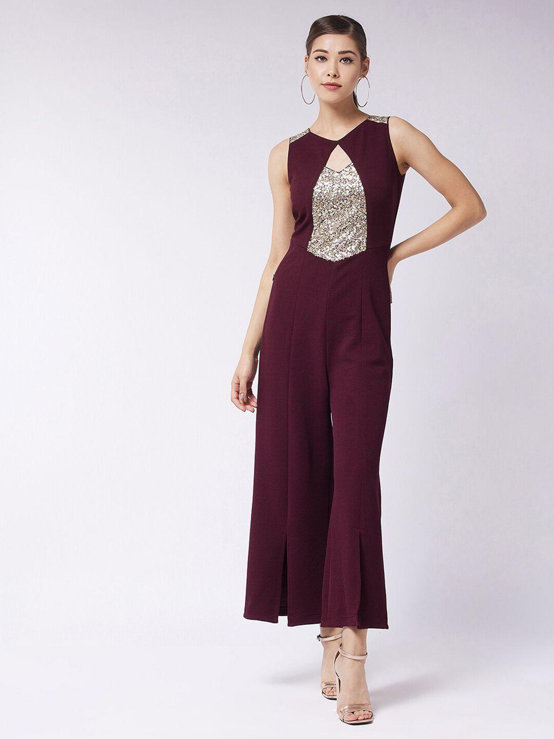 miss chase maroon & gold-toned basic jumpsuit