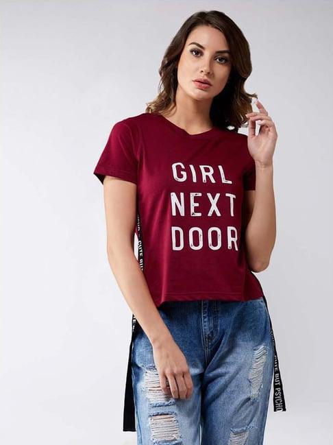 miss chase maroon cotton printed t-shirt