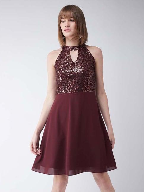 miss chase maroon embellished a-line dress