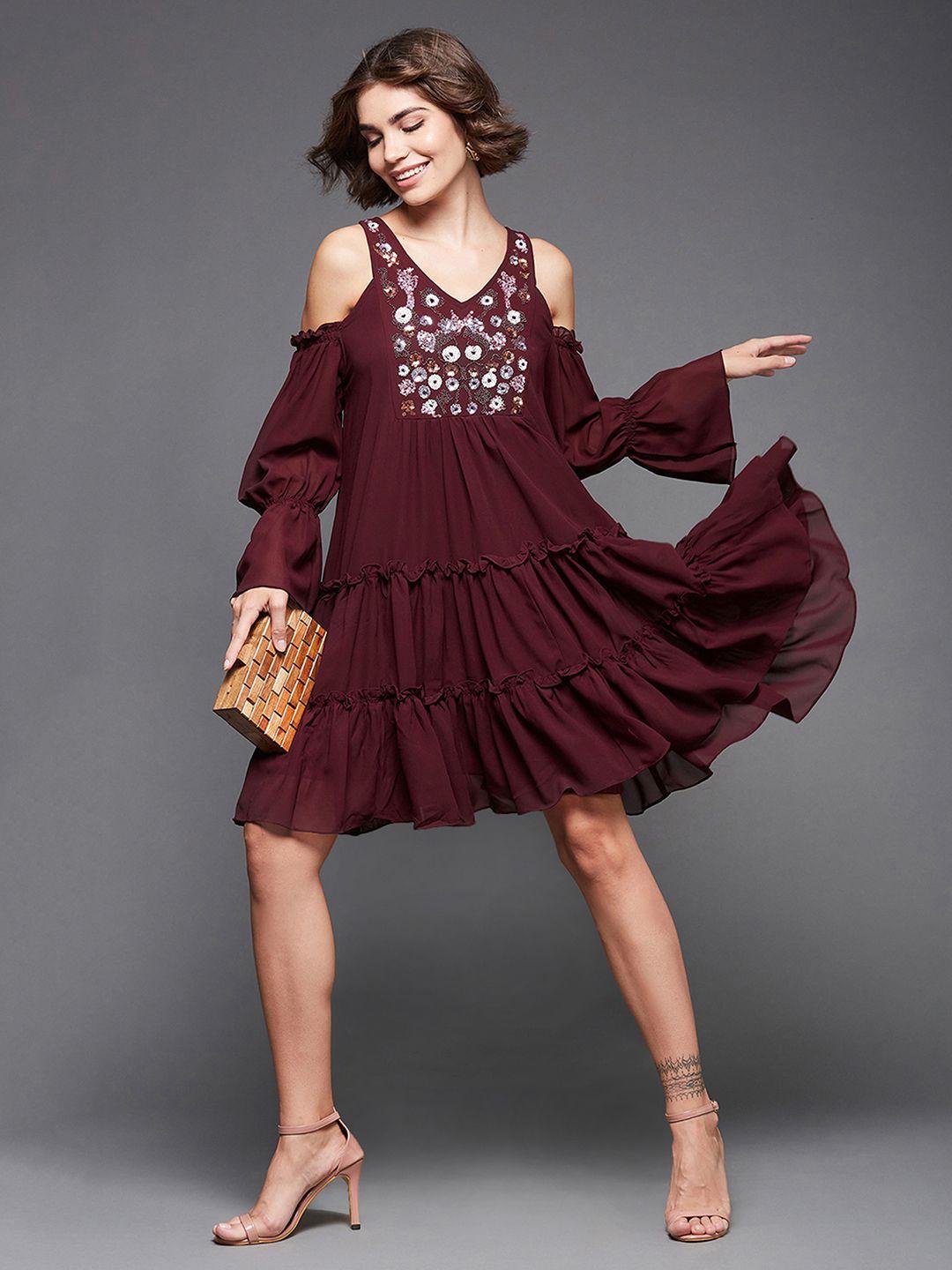 miss chase maroon embellished cold shoulder a-line dress