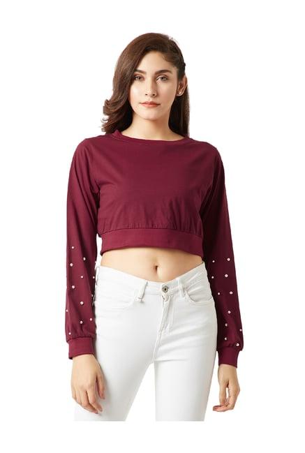 miss chase maroon embellished crop top