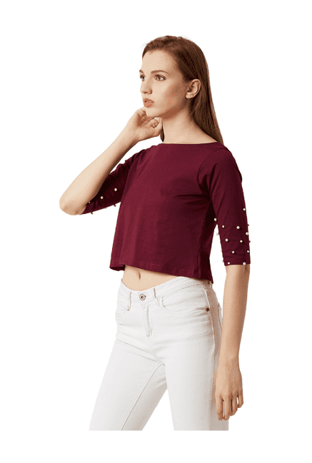 miss chase maroon embellished crop top