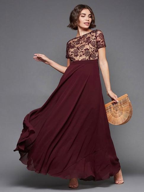 miss chase maroon embroidered gown