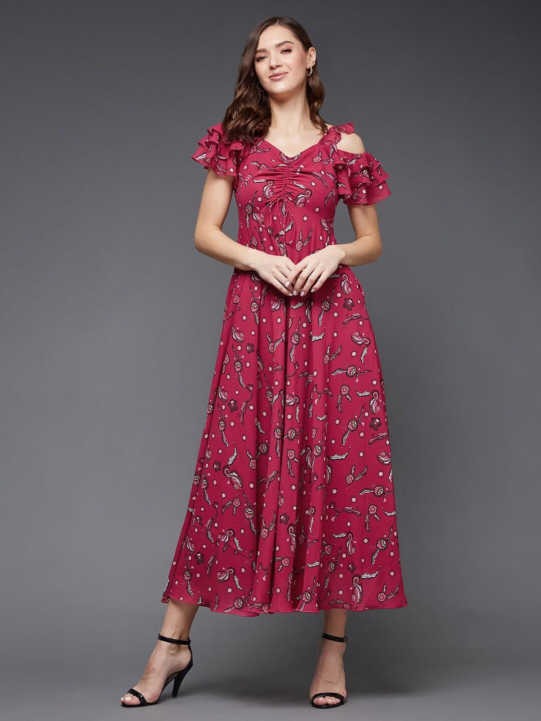 miss chase maroon floral printed cold shoulder maxi dress