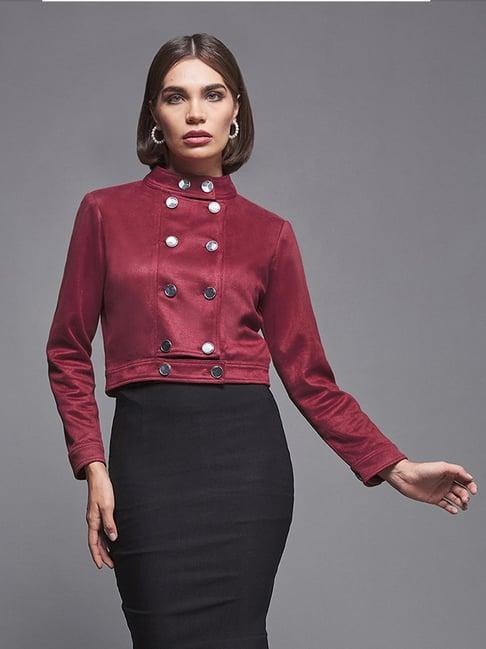 miss chase maroon relaxed fit double breasted cropped jacket