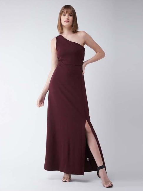 miss chase maroon slim fit one-shoulder dress