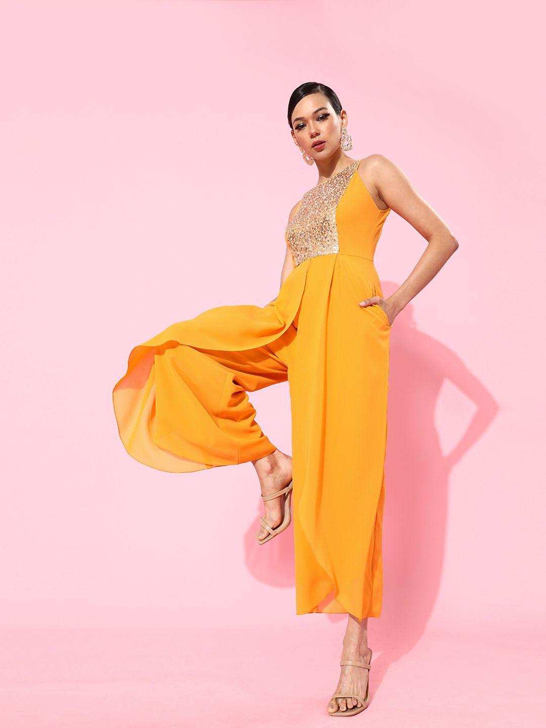 miss chase mustard sequinned embellished halter neck basic jumpsuit