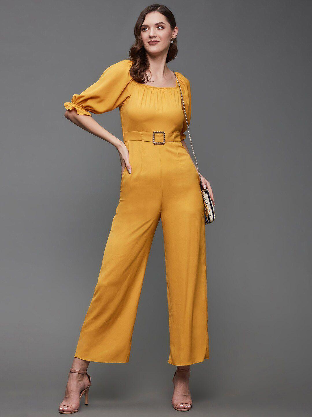 miss chase mustard yellow sqaure neck waist tie-ups basic jumpsuit