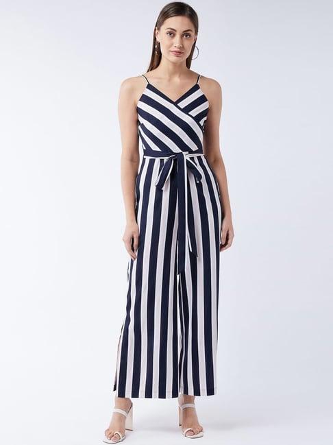 miss chase navy & beige striped jumpsuit