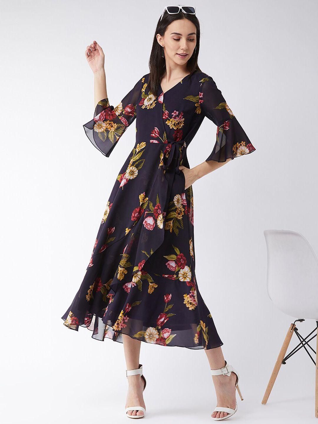 miss chase navy blue floral georgette midi dress