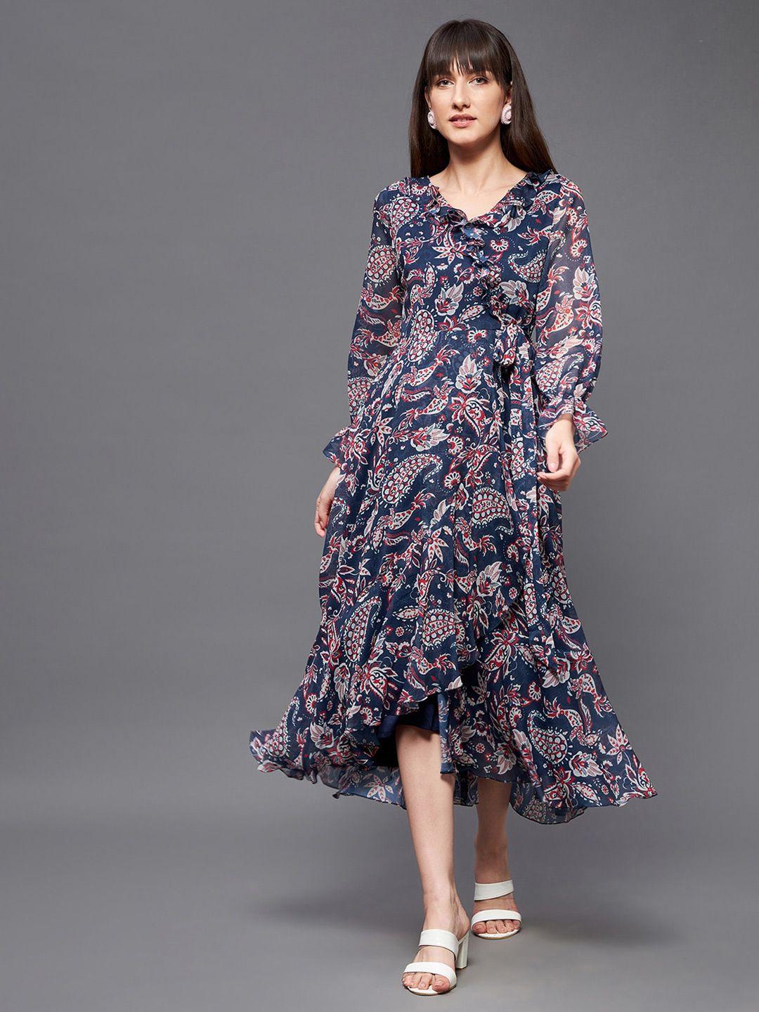 miss chase navy blue floral printed puff sleeves tie ups wrap dress