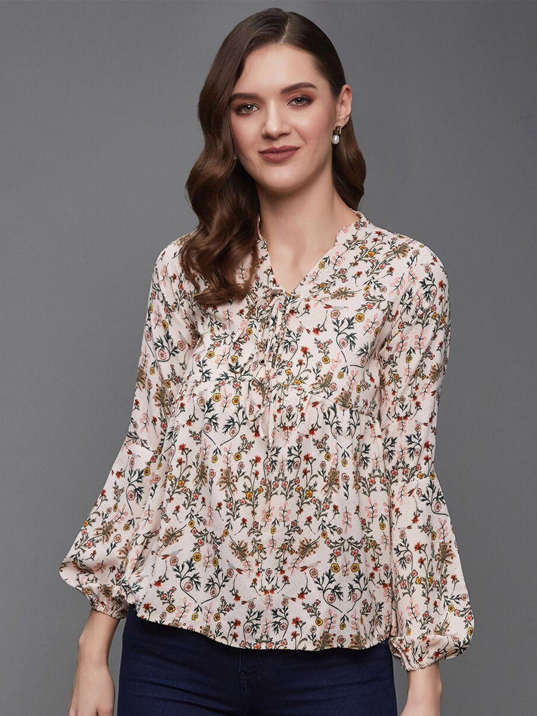 miss chase off white floral printed tie-up neck empire top