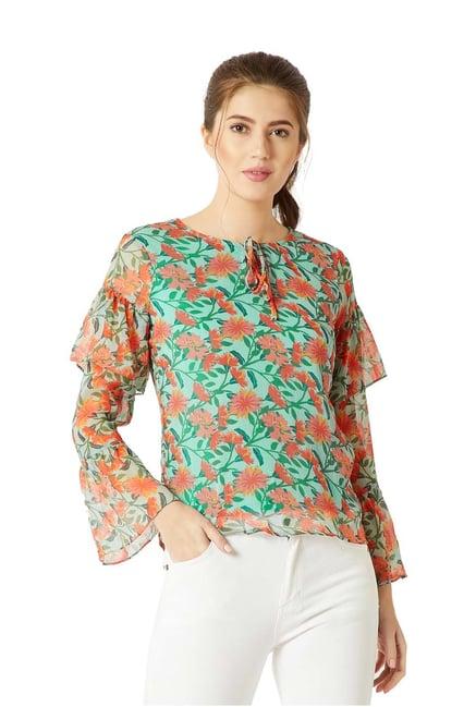 miss chase orange & green floral print top