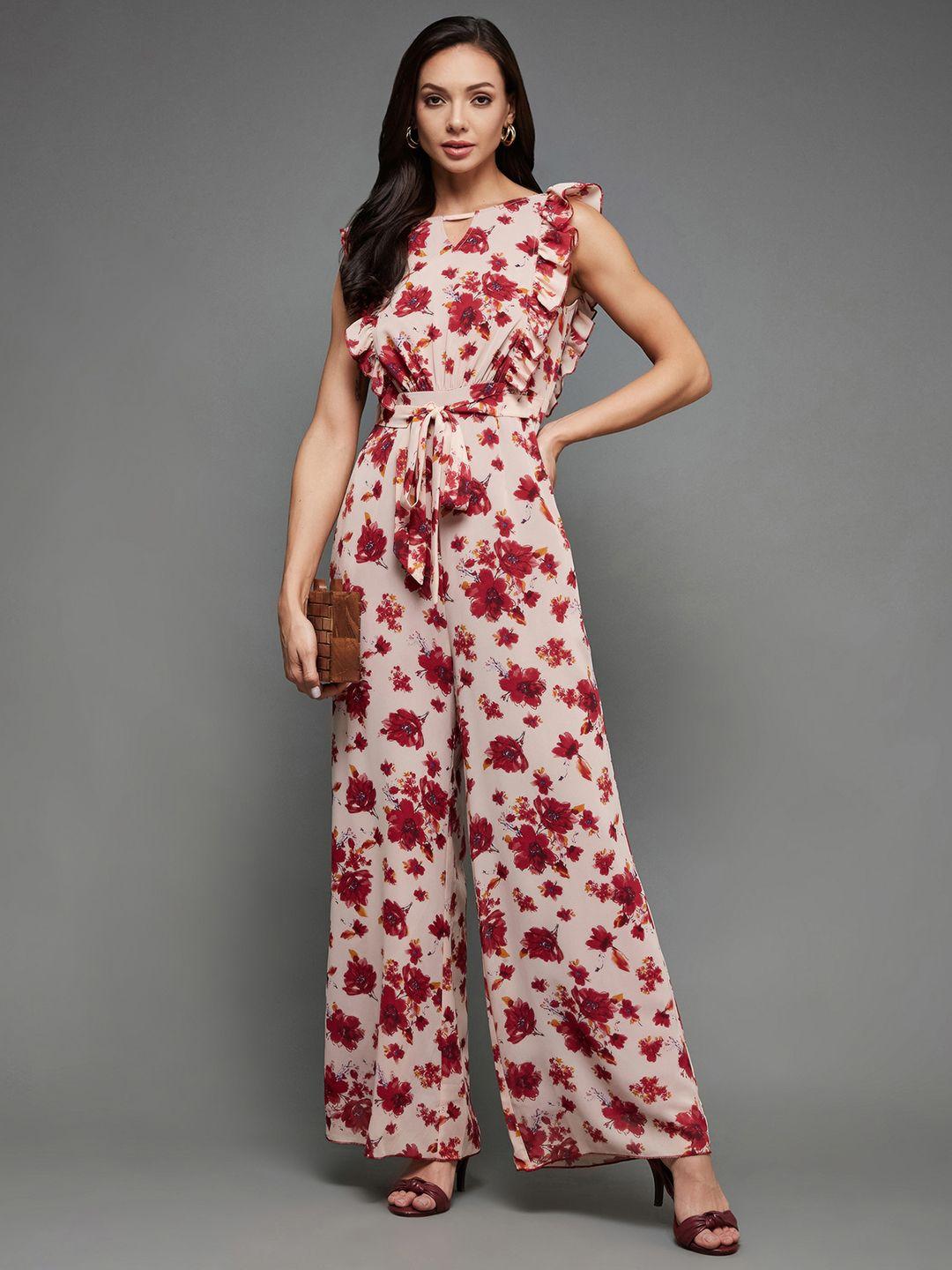 miss chase peach-coloured & maroon printed basic jumpsuit