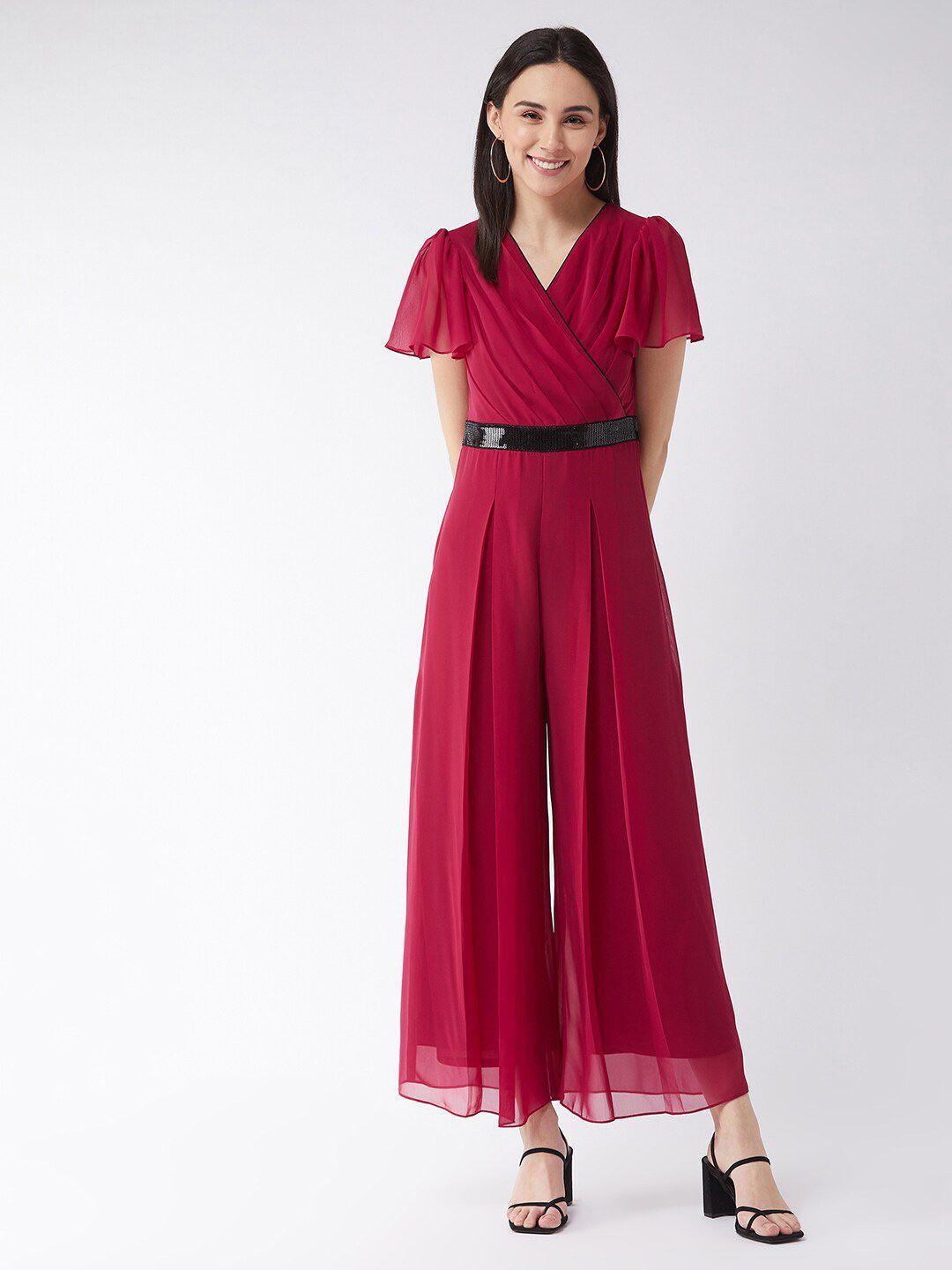 miss chase pink & black pleated jumpsuit with embellished waist