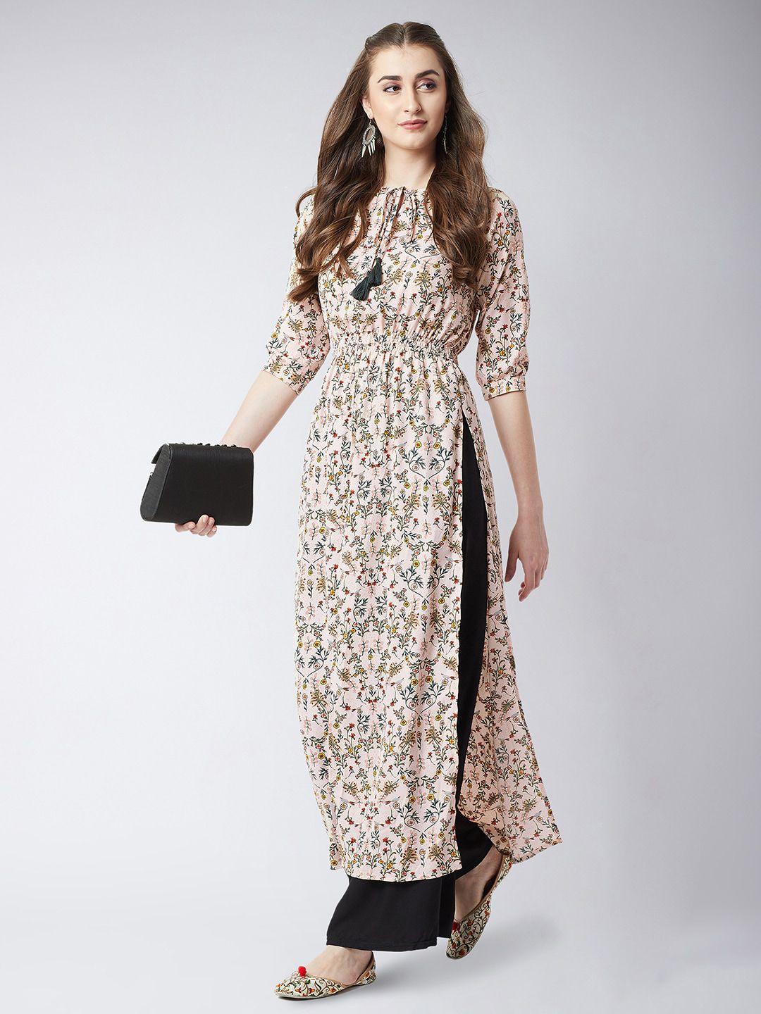 miss chase pink floral printed tie-up neck crepe maxi longline top