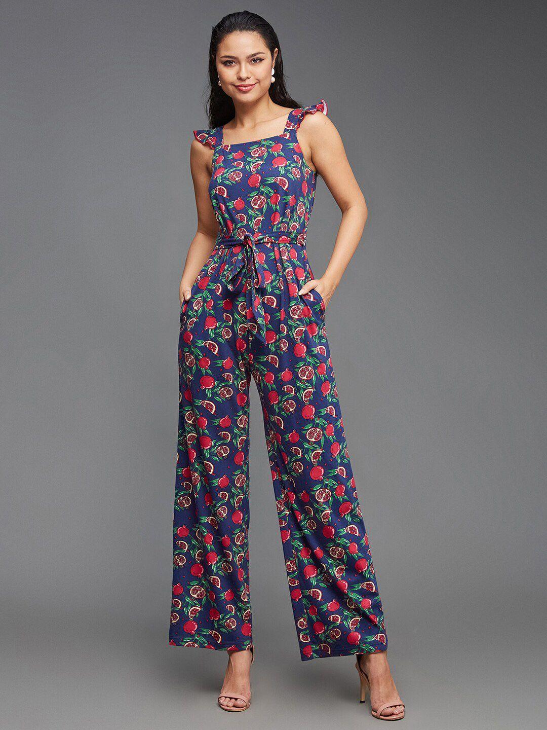 miss chase printed square neck waist tie-ups pure cotton basic jumpsuit