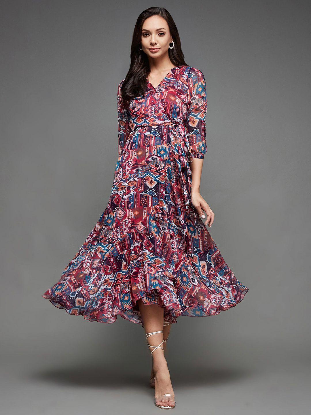 miss chase red abstract printed v-neck tie-ups detail chiffon wrap midi dress