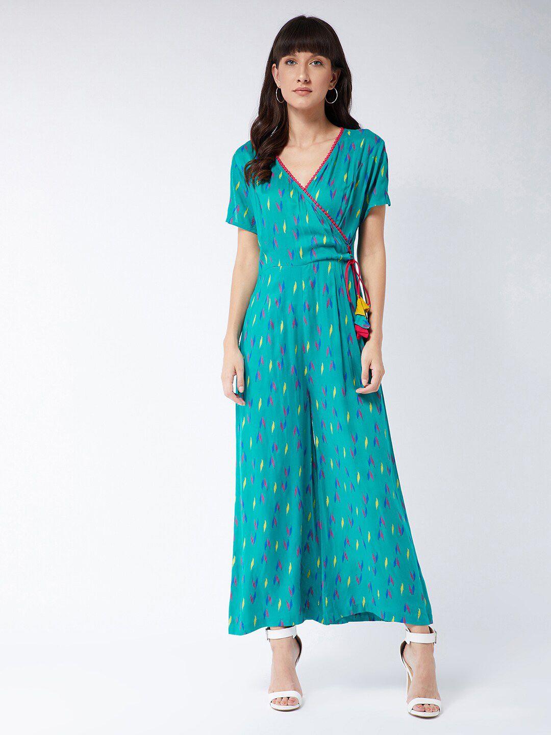 miss chase sea green & yellow printed basic jumpsuit