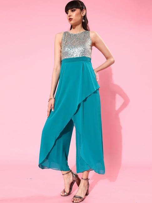 miss chase teal blue embellished jumpsuit