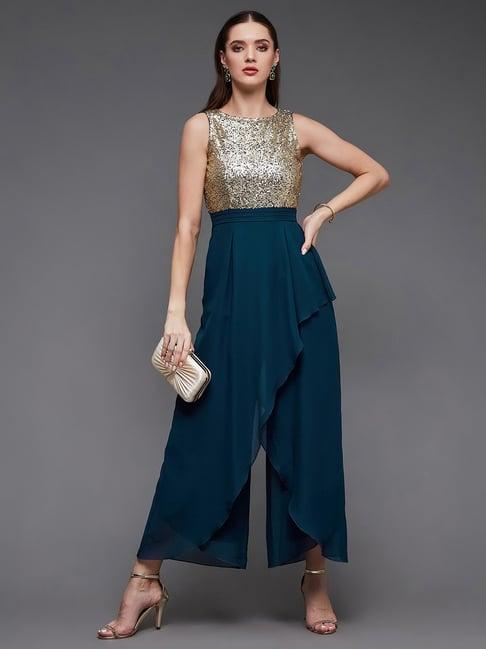 miss chase teal georgette embellished jumpsuit