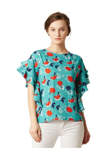 miss chase teal printed crepe top