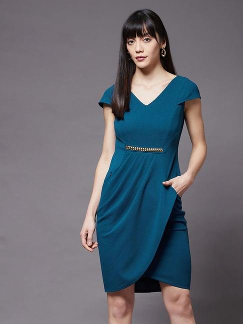 miss chase teal slim fit a line dress